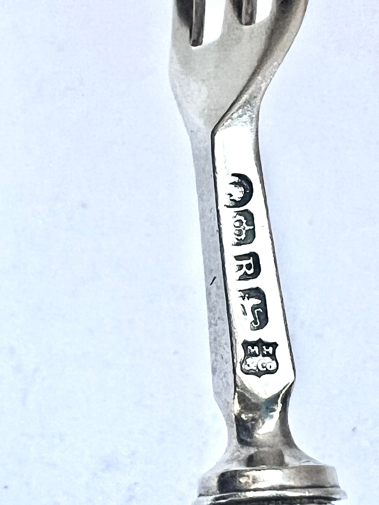 Antique Victorian sterling silver hors d’oeuvre fork with mother of pearl handle, Sheffield, 1859, Martin, Hall & Co