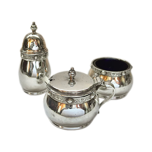 Vintage sterling silver Elkington & Co lidded 3 piece condiment set