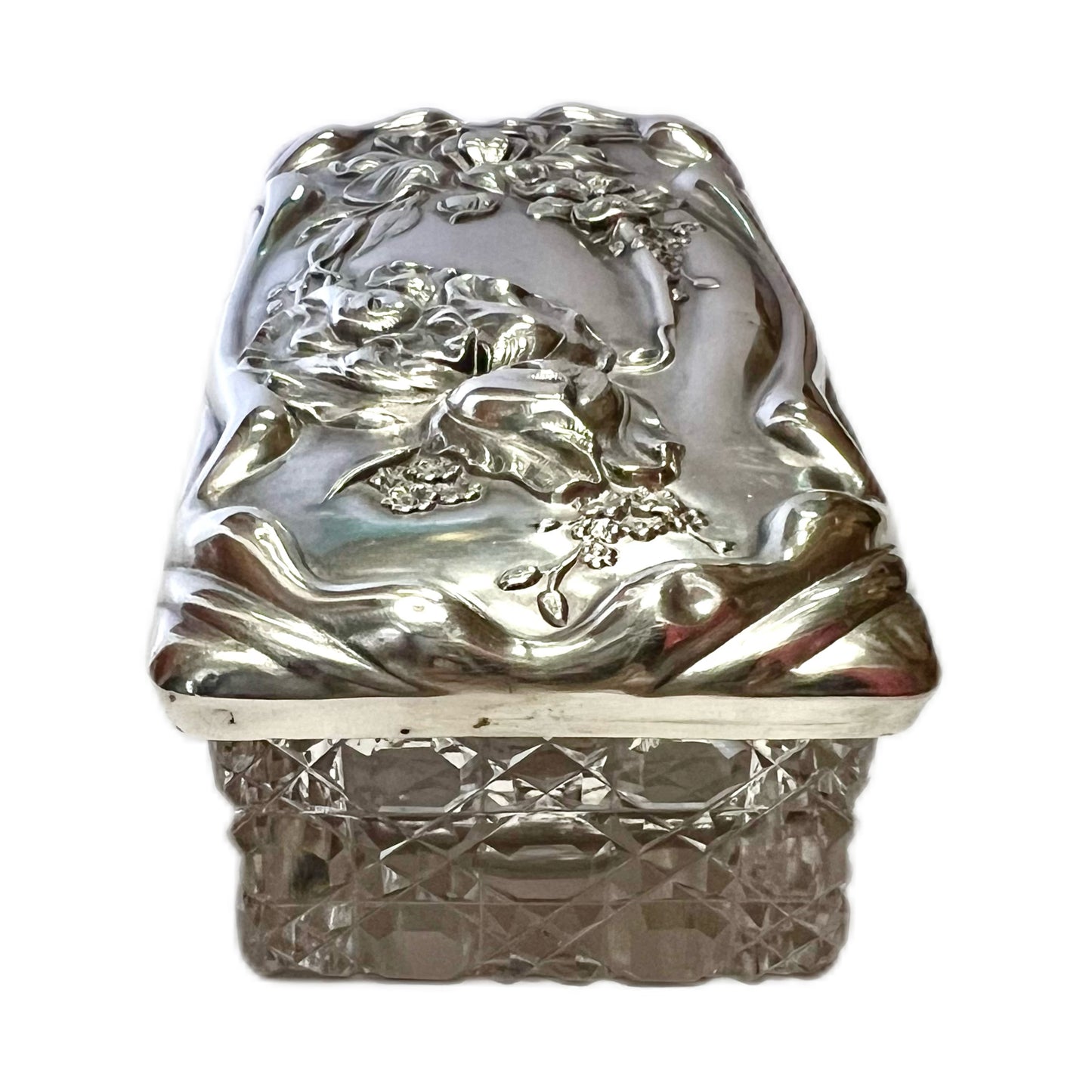 Antique George V sterling silver and cut glass trinket box