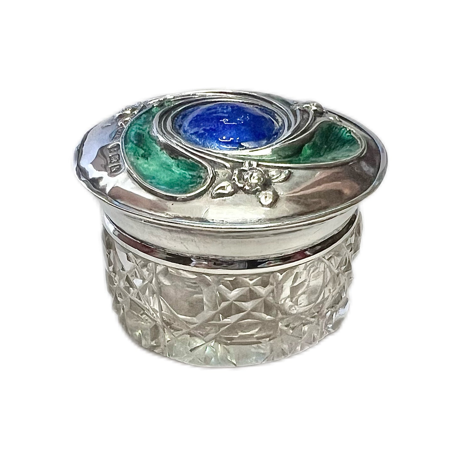 Edward VII sterling silver and cut glass British Art Nouveau rouge or pill box