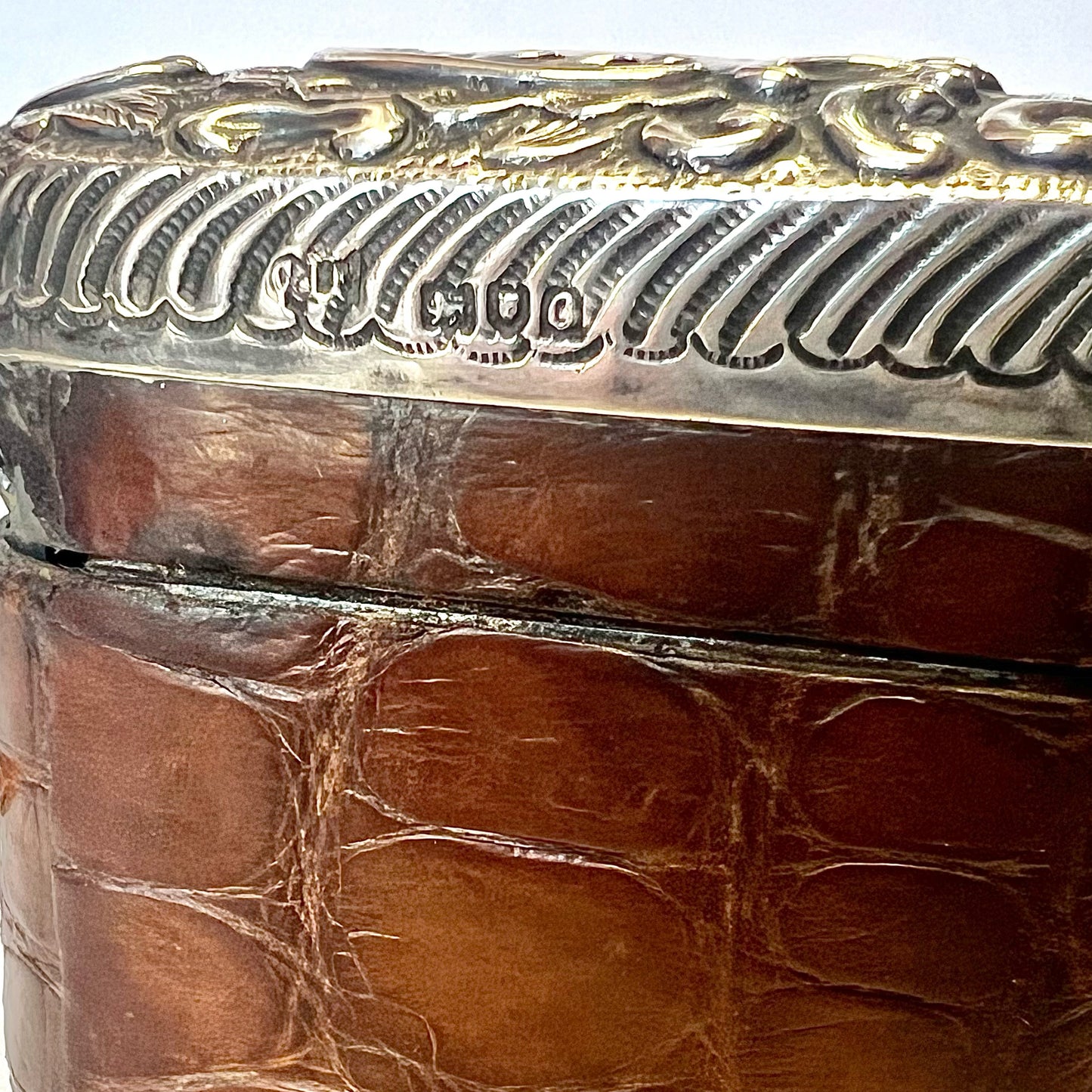 Antique leather-cased travelling inkwell with sterling silver top