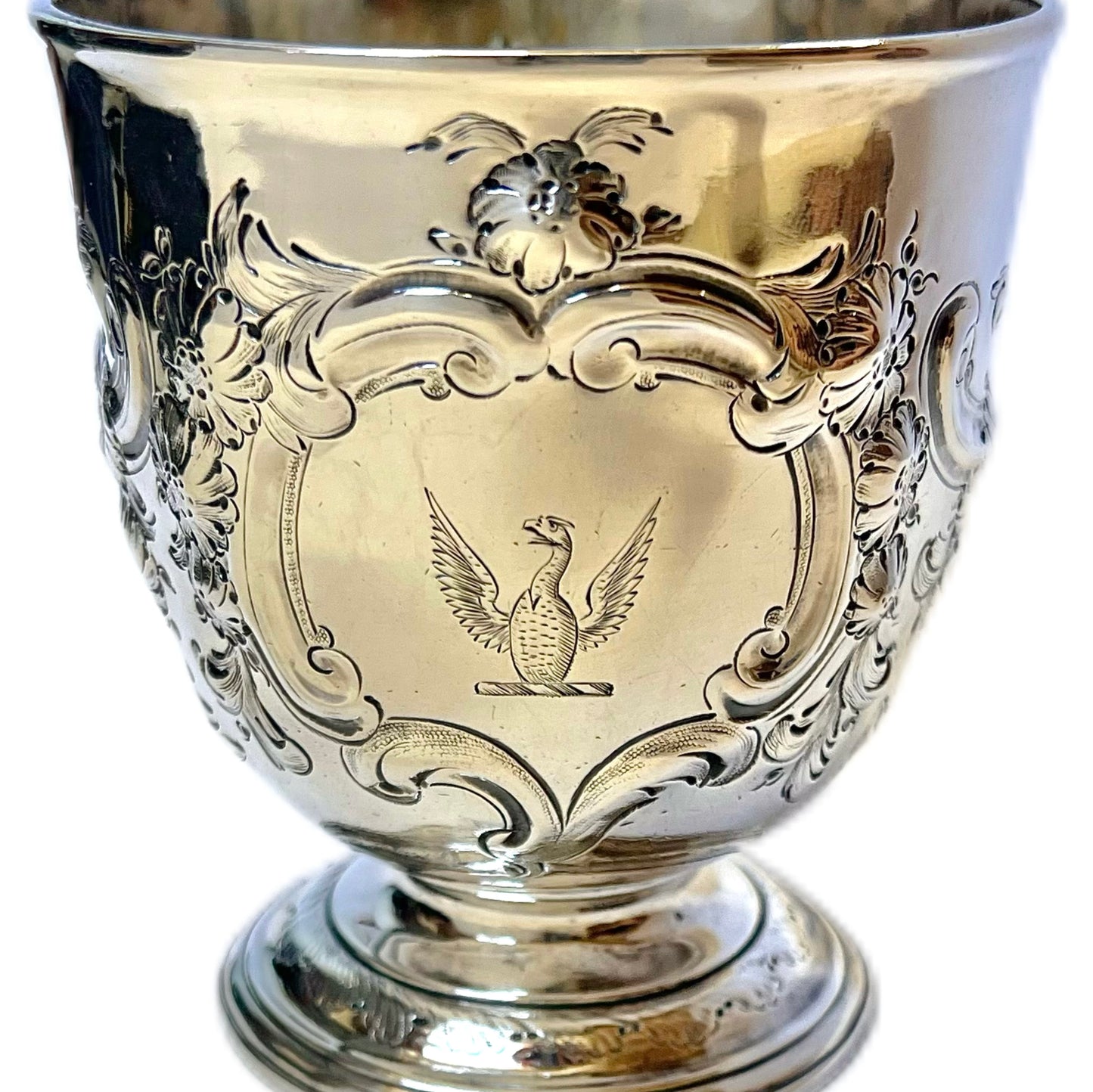 Magnificent George I Britannia silver goblet by Isaac Liger, London, 1719, Delamain family crest