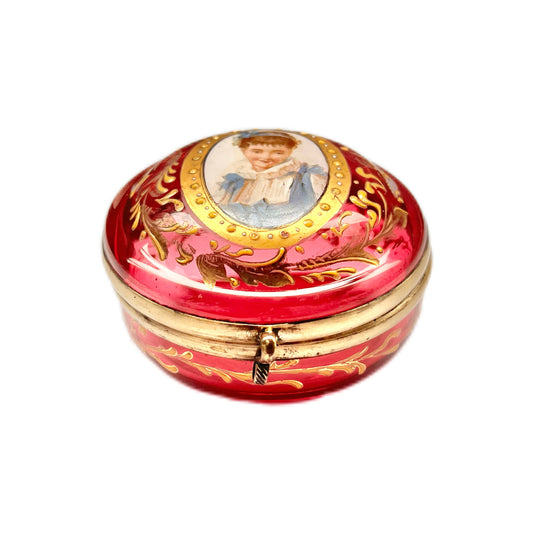 Antique Victorian cranberry glass pill box with enamelled portrait