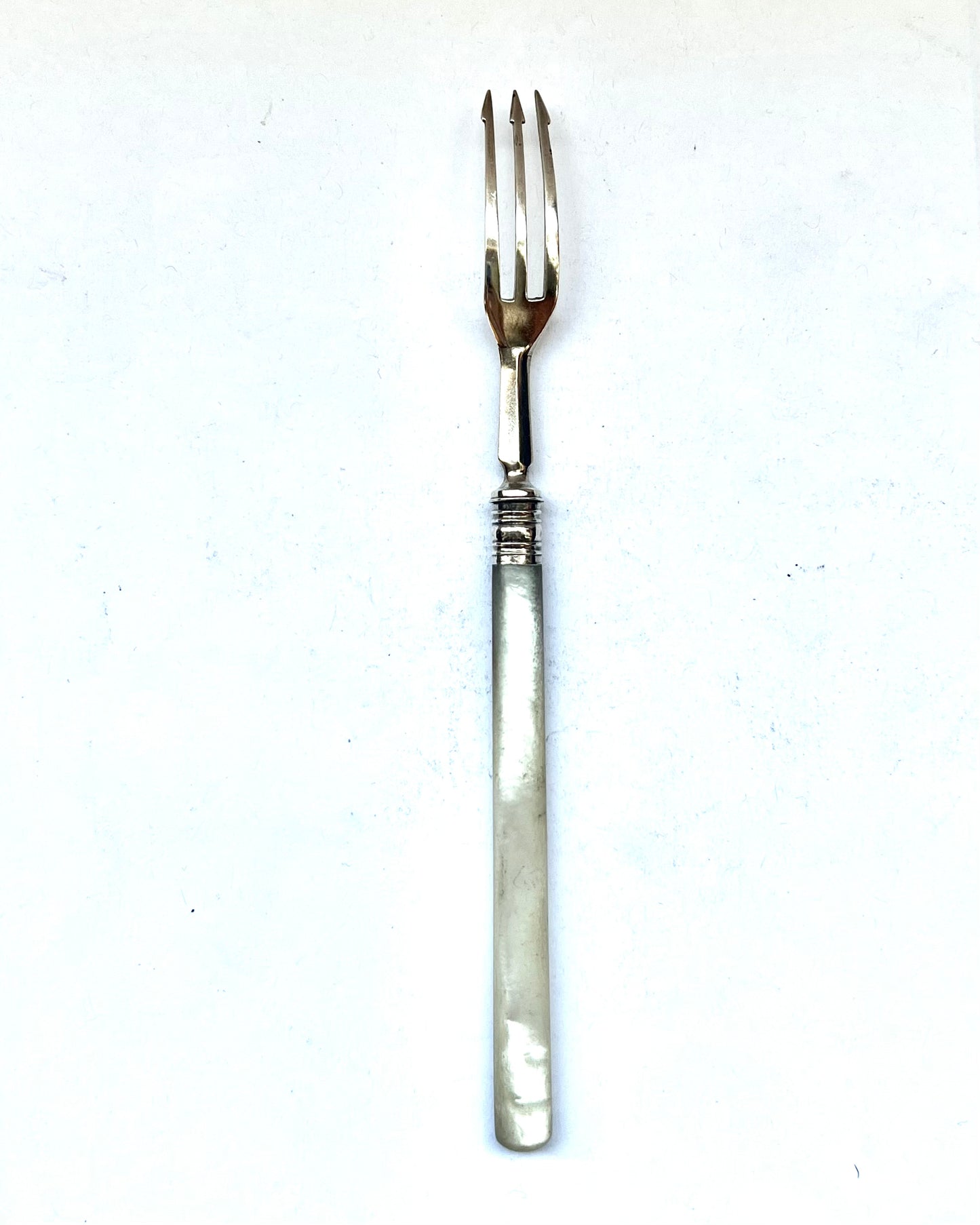 Antique Victorian sterling silver hors d’oeuvre fork with mother of pearl handle, Sheffield, 1859, Martin, Hall & Co