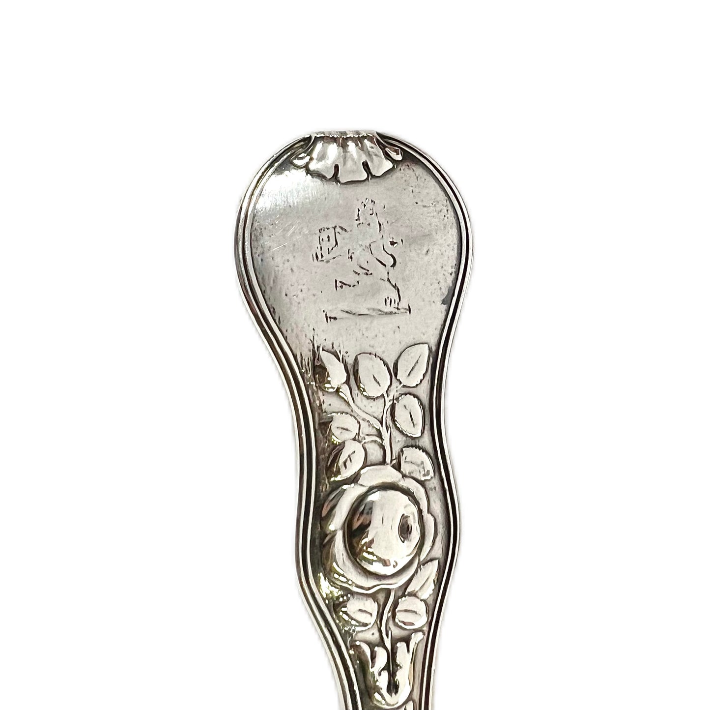Antique George III sterling silver crested Rose Pattern ladle