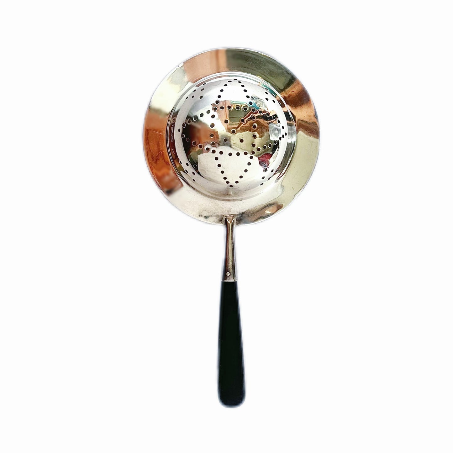George V sterling silver and ebony-handled tea strainer