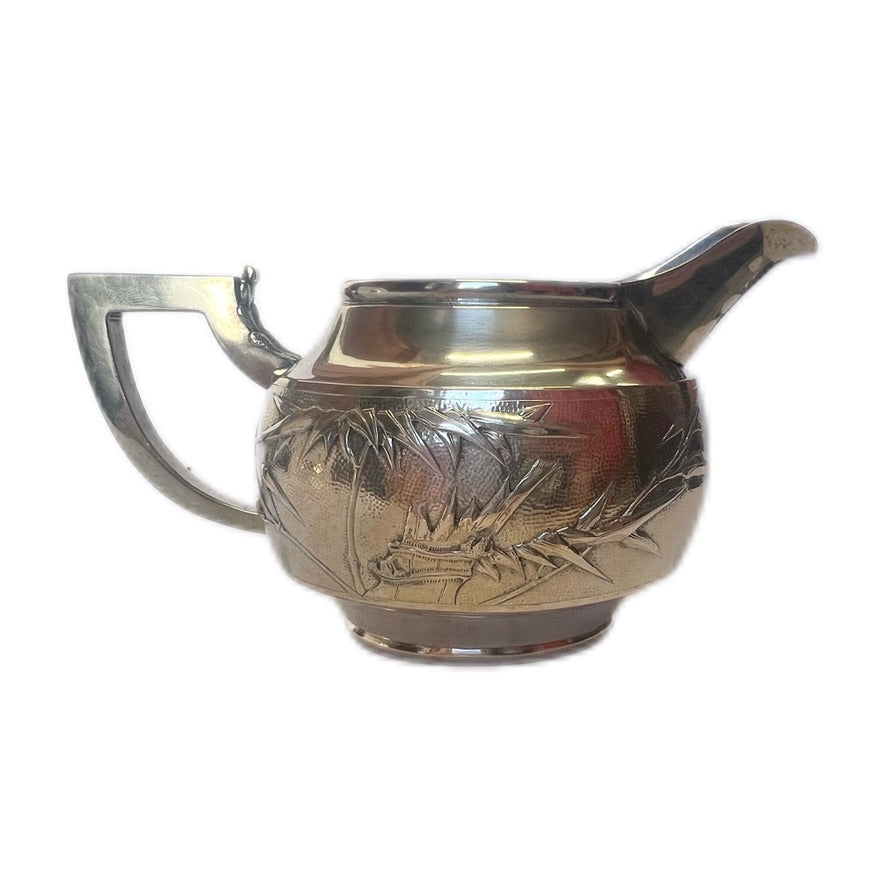 Near antique Chinese export silver 3 piece tea set with rosewood tray, estate of Shanghai Police Supt. Lovell