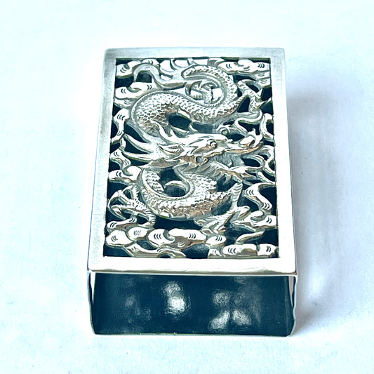 Antique Chinese export silver matchbox with dragon motif, circa 1890 to 1900s, marks for W.A., Canton