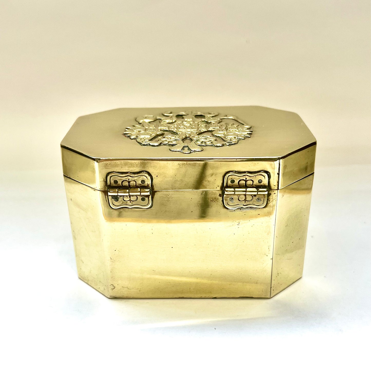 Vintage Russian brass tea caddy, tin-lined interior, Morozov eagle motif