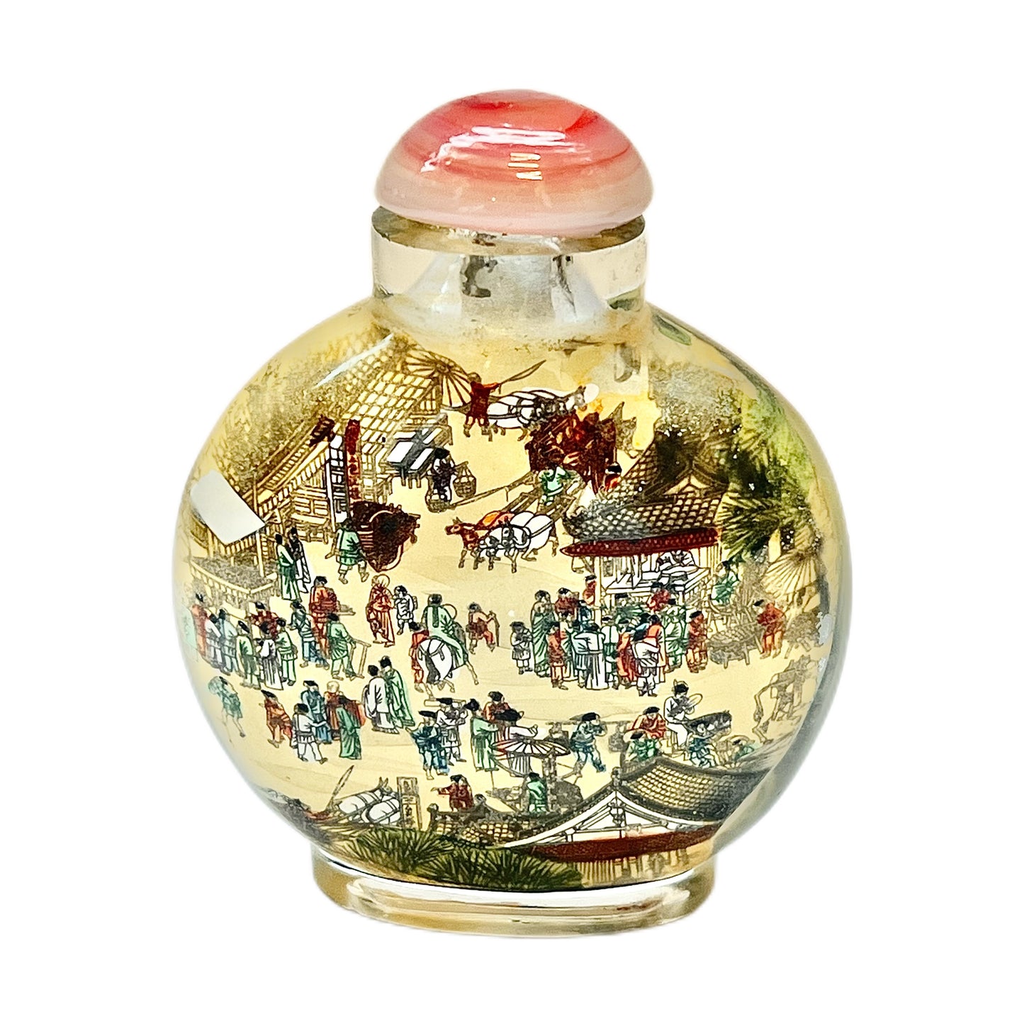 Beautiful late 20th century Chinese reverse-painted snuff bottle, Along the River During the Qingming Festival (Qingming Shanghe Tu)