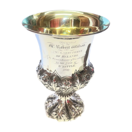 Important antique William IV sterling silver Barnard Brothers presentation cup from Mrs. Pierre Cesar Labouchere