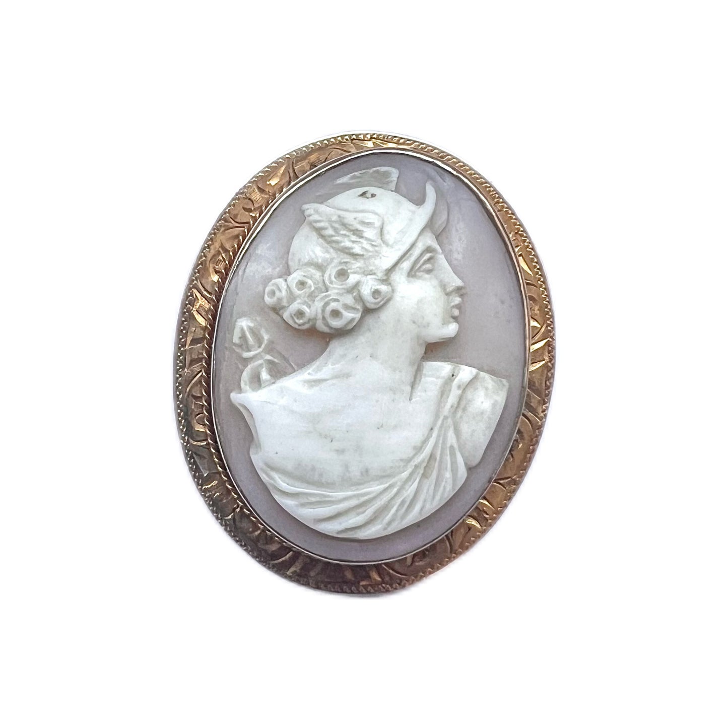 Vintage 10 carat gold and sardonyx shell cameo brooch of Mercury