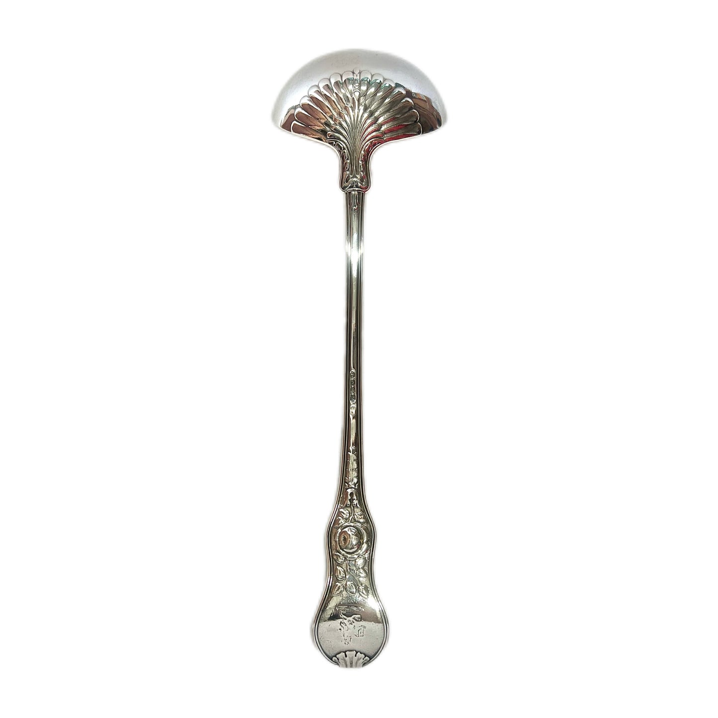 Antique George III sterling silver crested Rose Pattern ladle