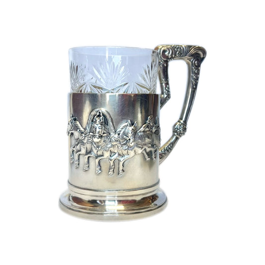 Antique Russia .875 silver Troika podstakannik tea glass holder with original glass
