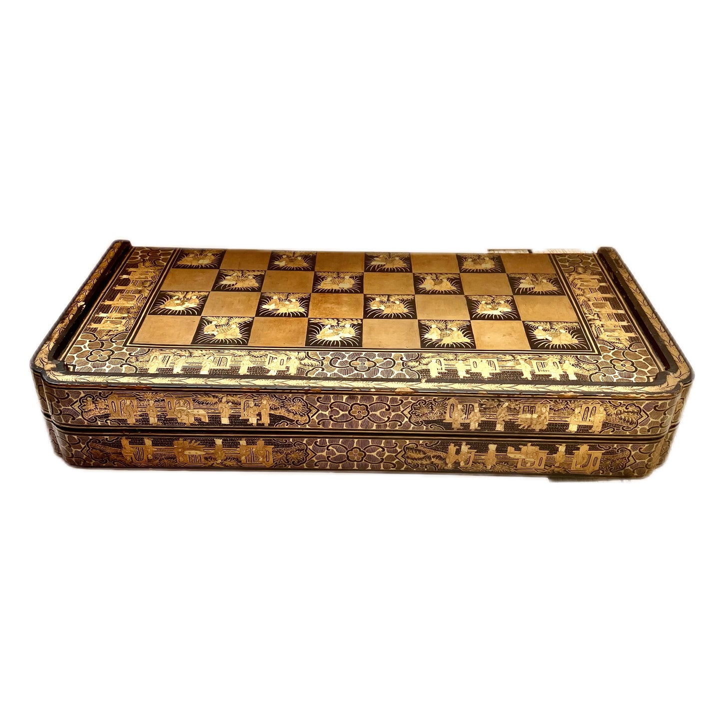 19th century lacquer and ivory Chinese export folding chessboard and backgammon gaming box