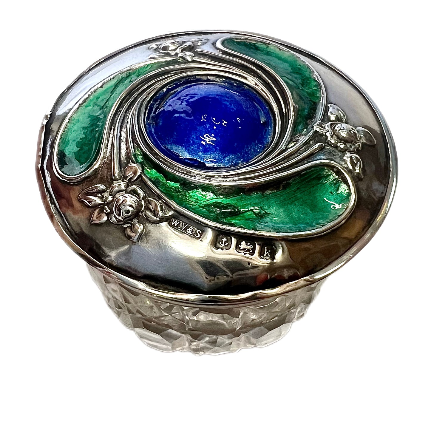 Edward VII sterling silver and cut glass British Art Nouveau rouge or pill box