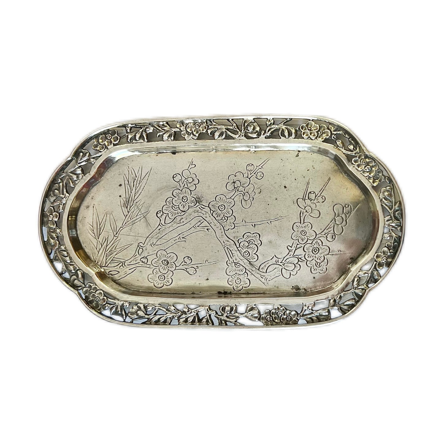 Antique Chinese export silver plum blossom trinket dish by Wang Hing