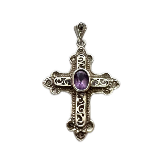 Vintage sterling silver and amethyst cross pendant