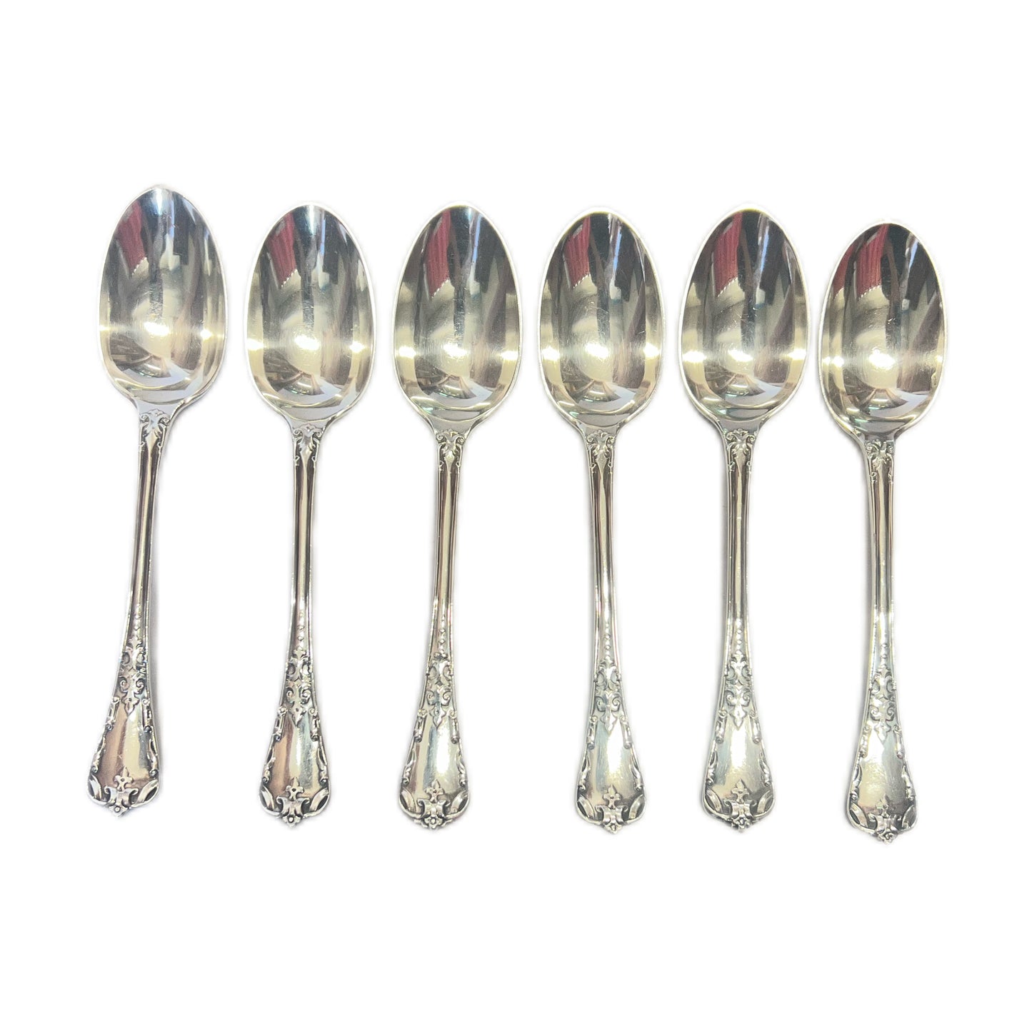 Scarce set of 6 Chawner & Co. antique sterling Straight Tudor pattern teaspoons