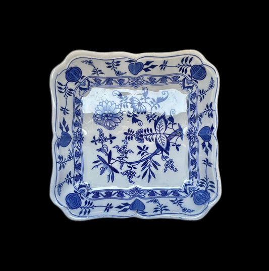 Antique Lewis Strauss & Son's blue and white transferware square serving dish in Blue Meissen pattern