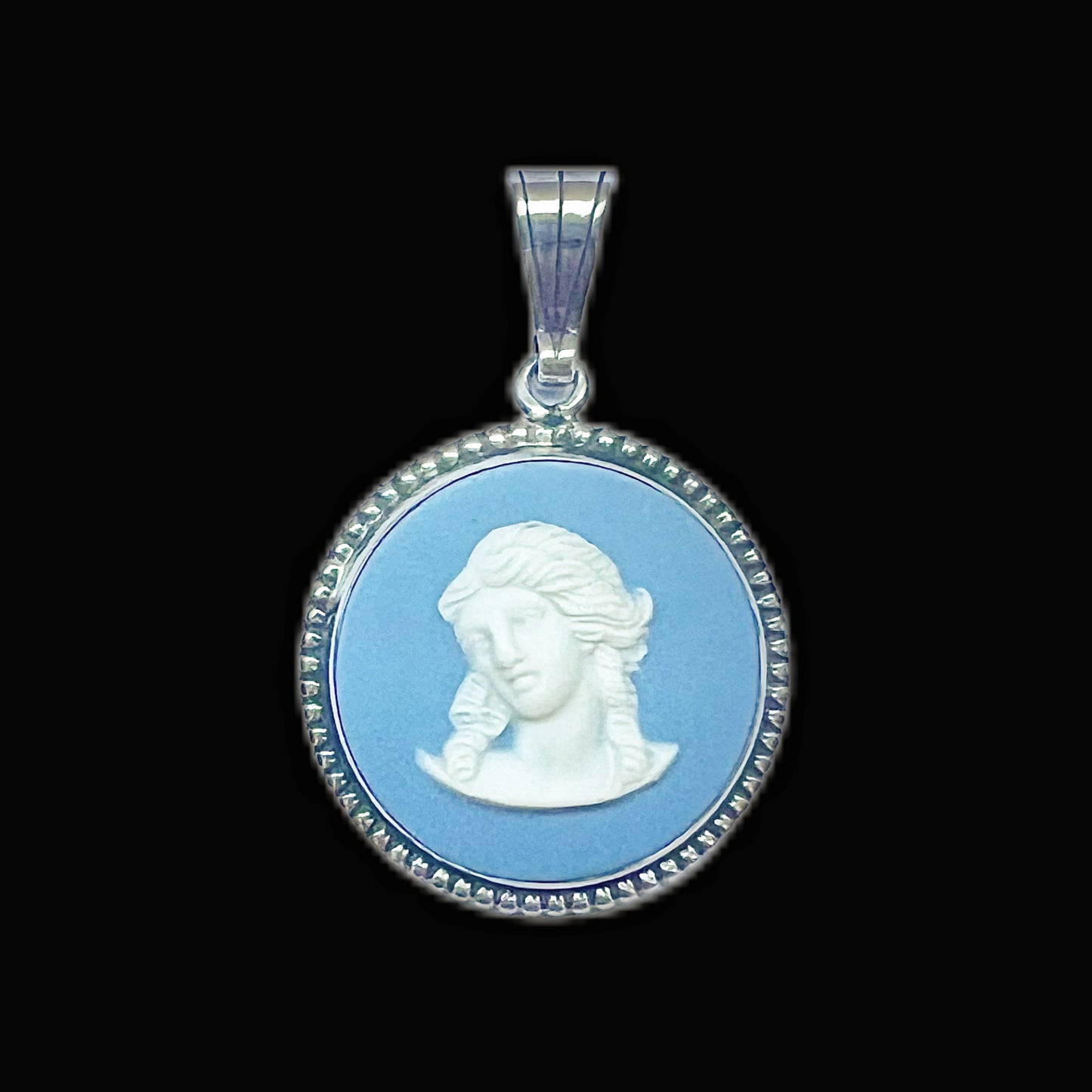 Vintage Wedgwood jasperware and sterling silver pendant- powder blue cameo