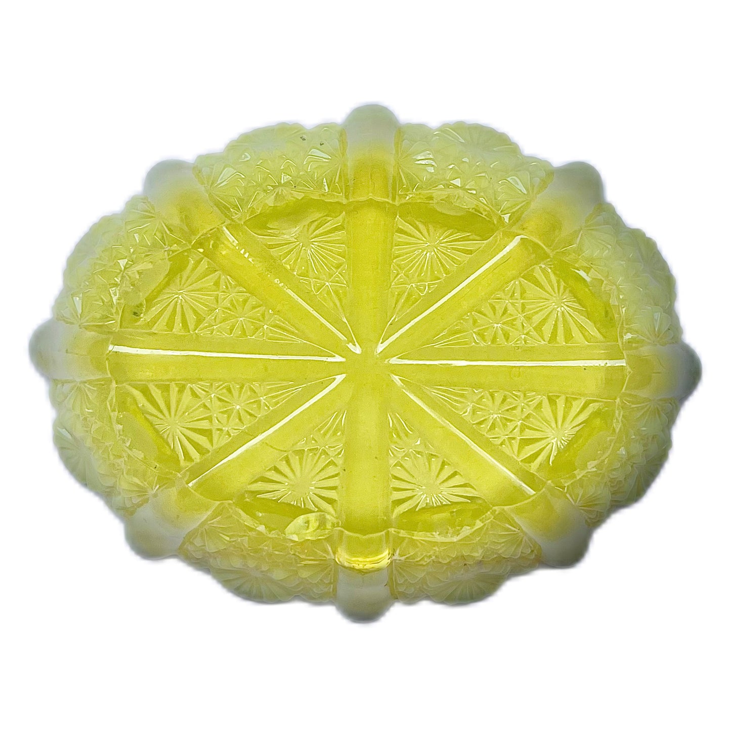 Absolutely stunning late Victorian uranium yellow vaseline glass dish circa 1890s to 1900s