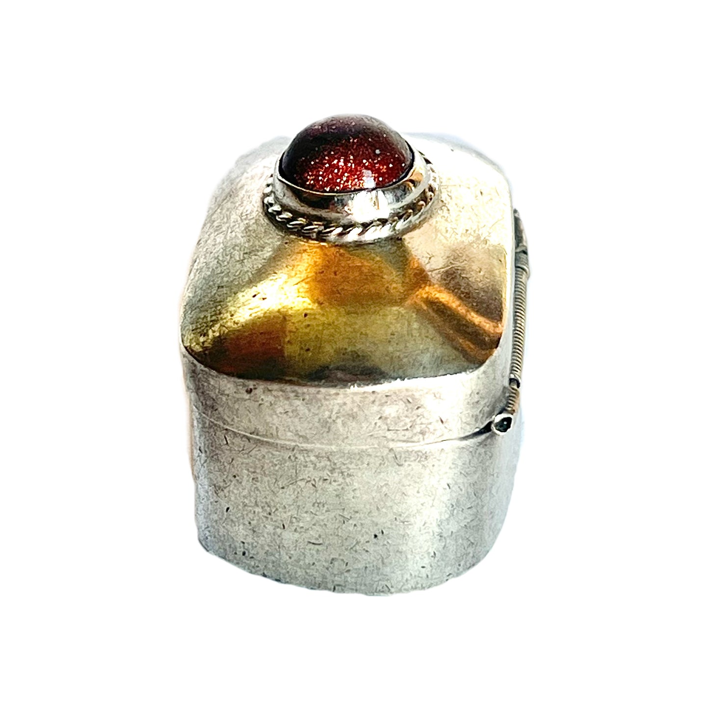Midcentury Mexican Taxco silver pillbox with goldstone cabochon