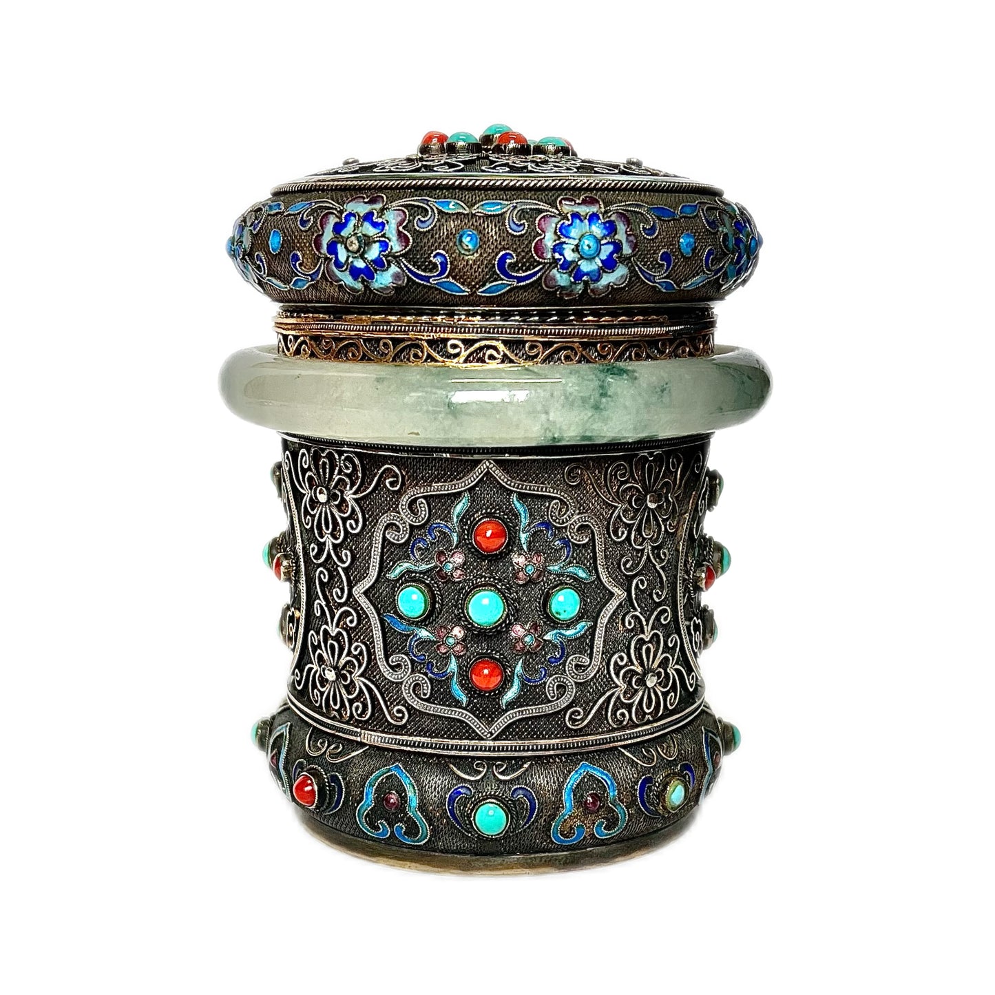 Antique Chinese export silver, enamel and jadeite tea caddy, late Qing to early Republic Period