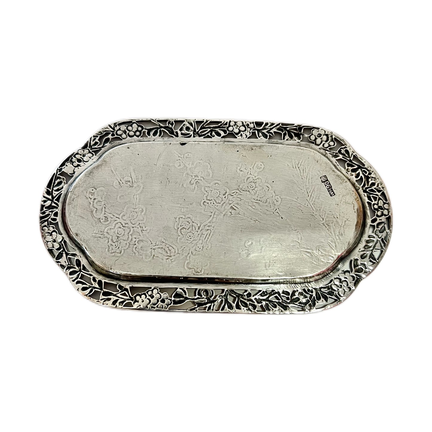 Antique Chinese export silver plum blossom trinket dish by Wang Hing