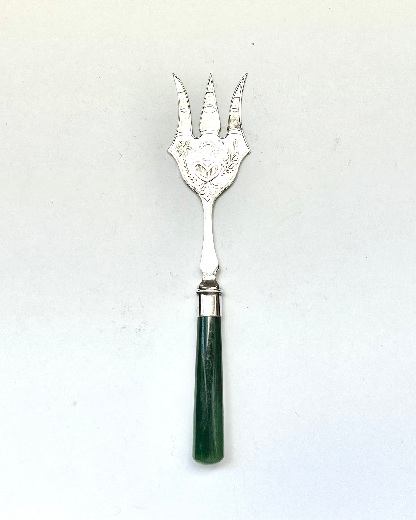 Antique New Zealand sterling silver cocktail fork with nephrite jade handle, early 20th century