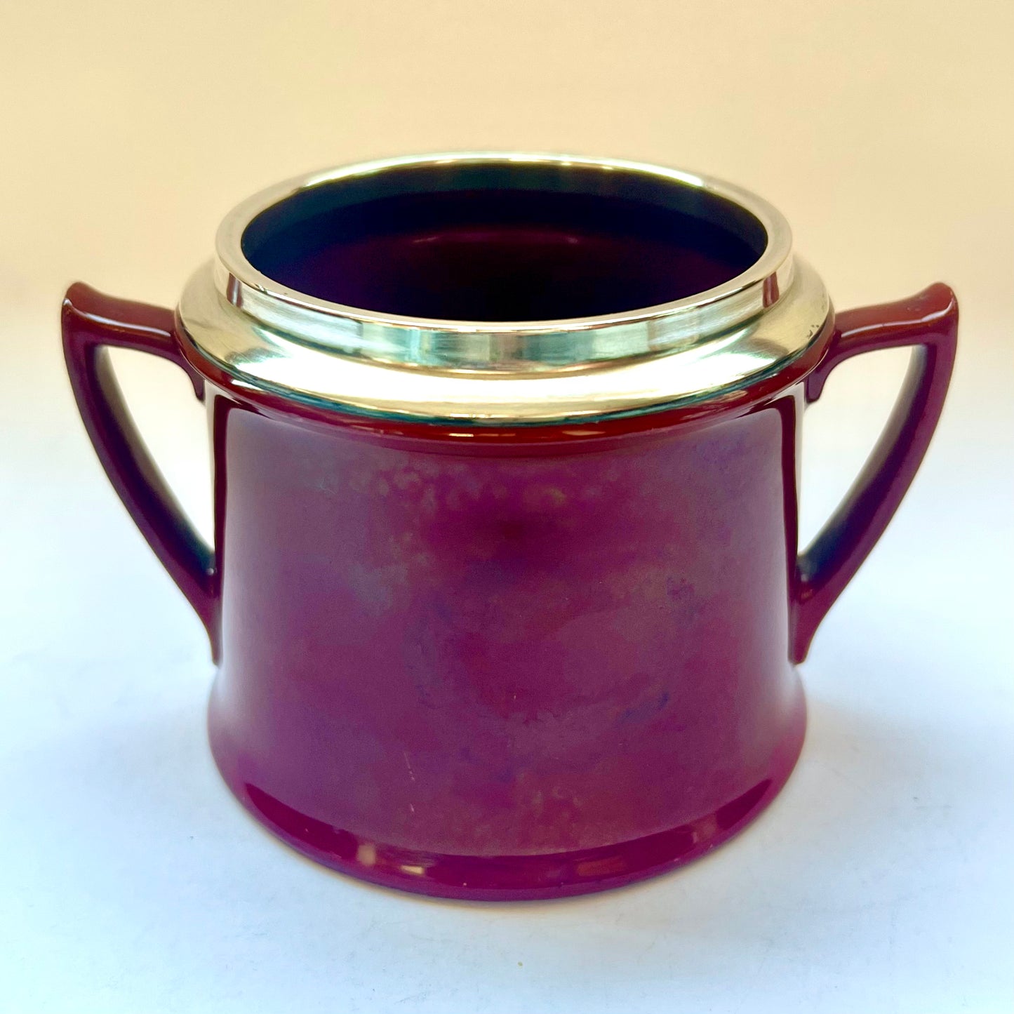Royal Doulton Flambe twin-handled sugar bowl circa 1908 with sterling silver collar