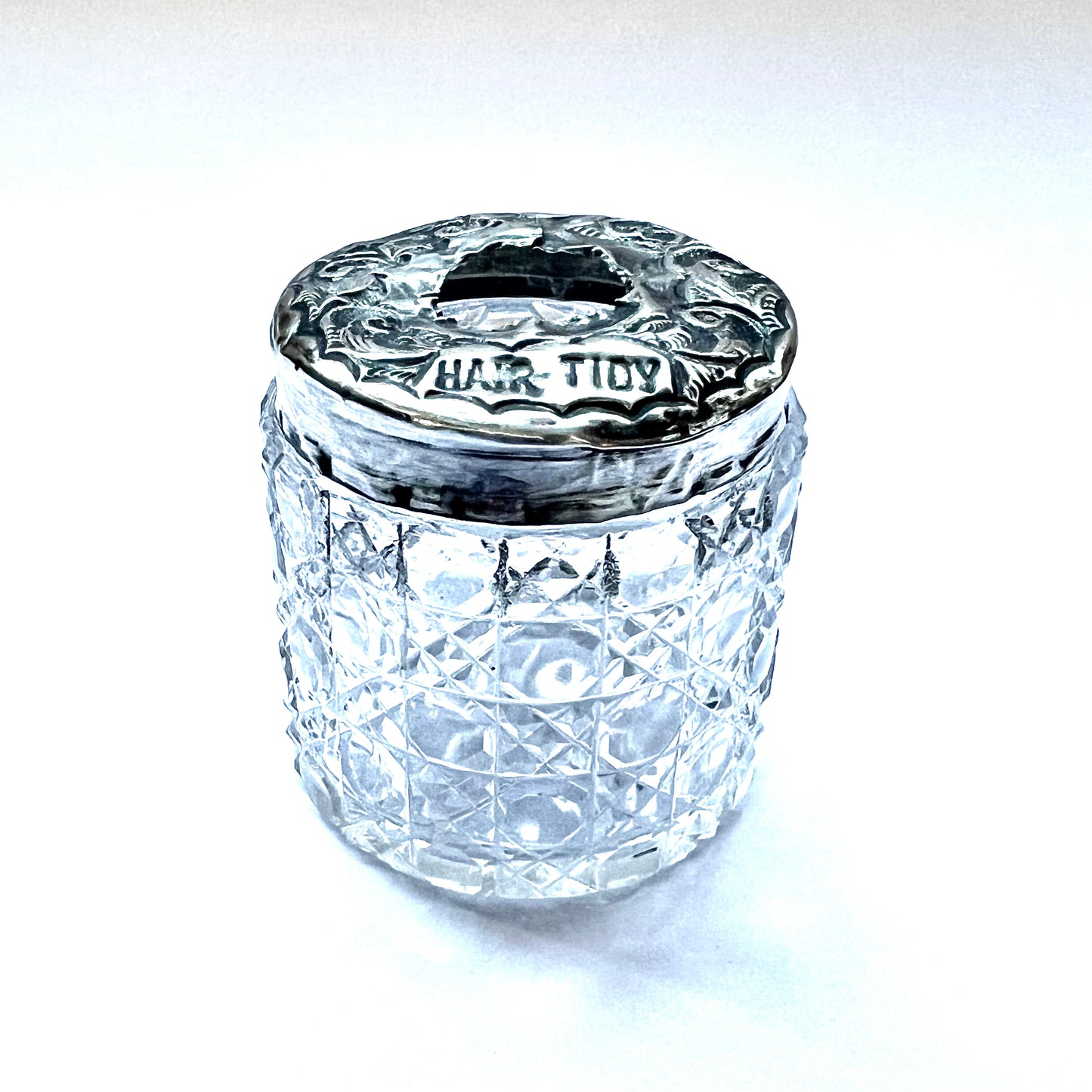 Antique sterling silver and crystal hair tidy, keeper or receiver circa London, 1907