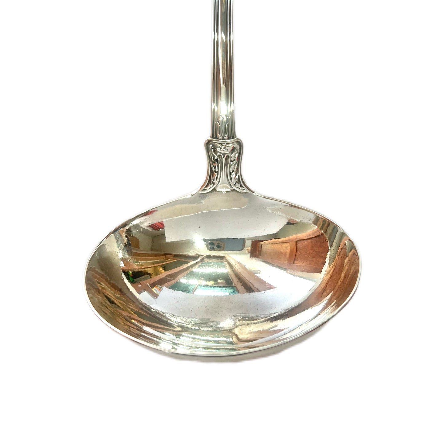 Antique George III sterling silver crested Rose Pattern ladle