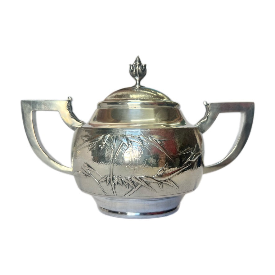 Near antique Chinese export silver 3 piece tea set with rosewood tray, estate of Shanghai Police Supt. Lovell