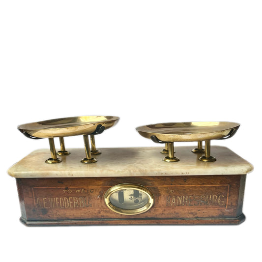 Antique set of South African brass, timber and marble apothecary scales