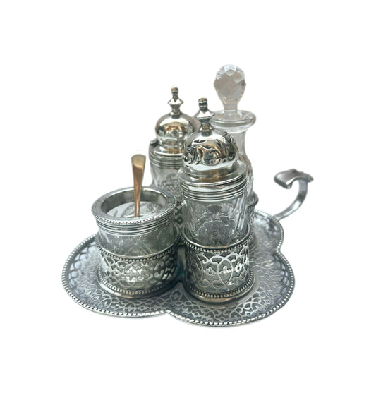 High Victorian 4 piece condiment set with tray, with marks for London, 1875/1876, George Fox