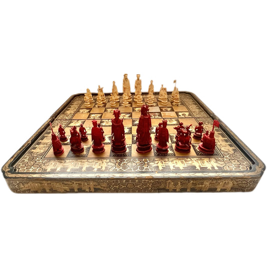 19th century lacquer and ivory Chinese export folding chessboard and backgammon gaming box