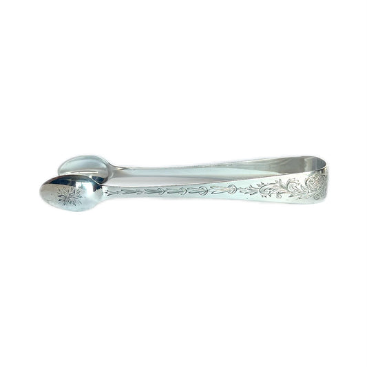 Crested High Victorian Irish sterling silver sugar tongs, Dublin 1867