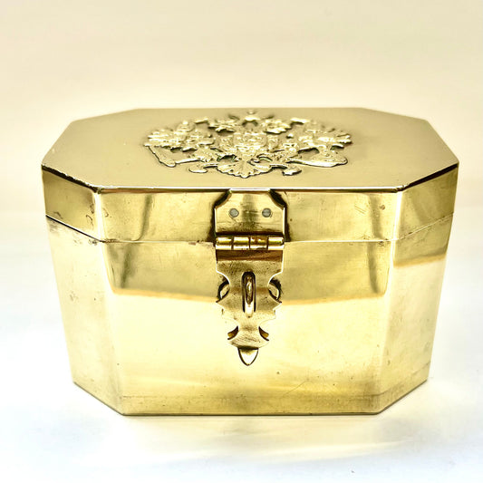 Vintage Russian brass tea caddy, tin-lined interior, Morozov eagle motif