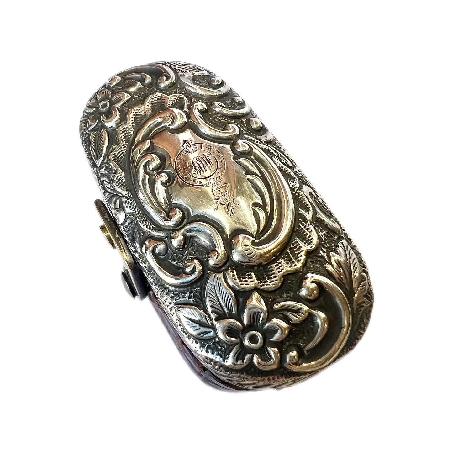 Antique leather-cased travelling inkwell with sterling silver top