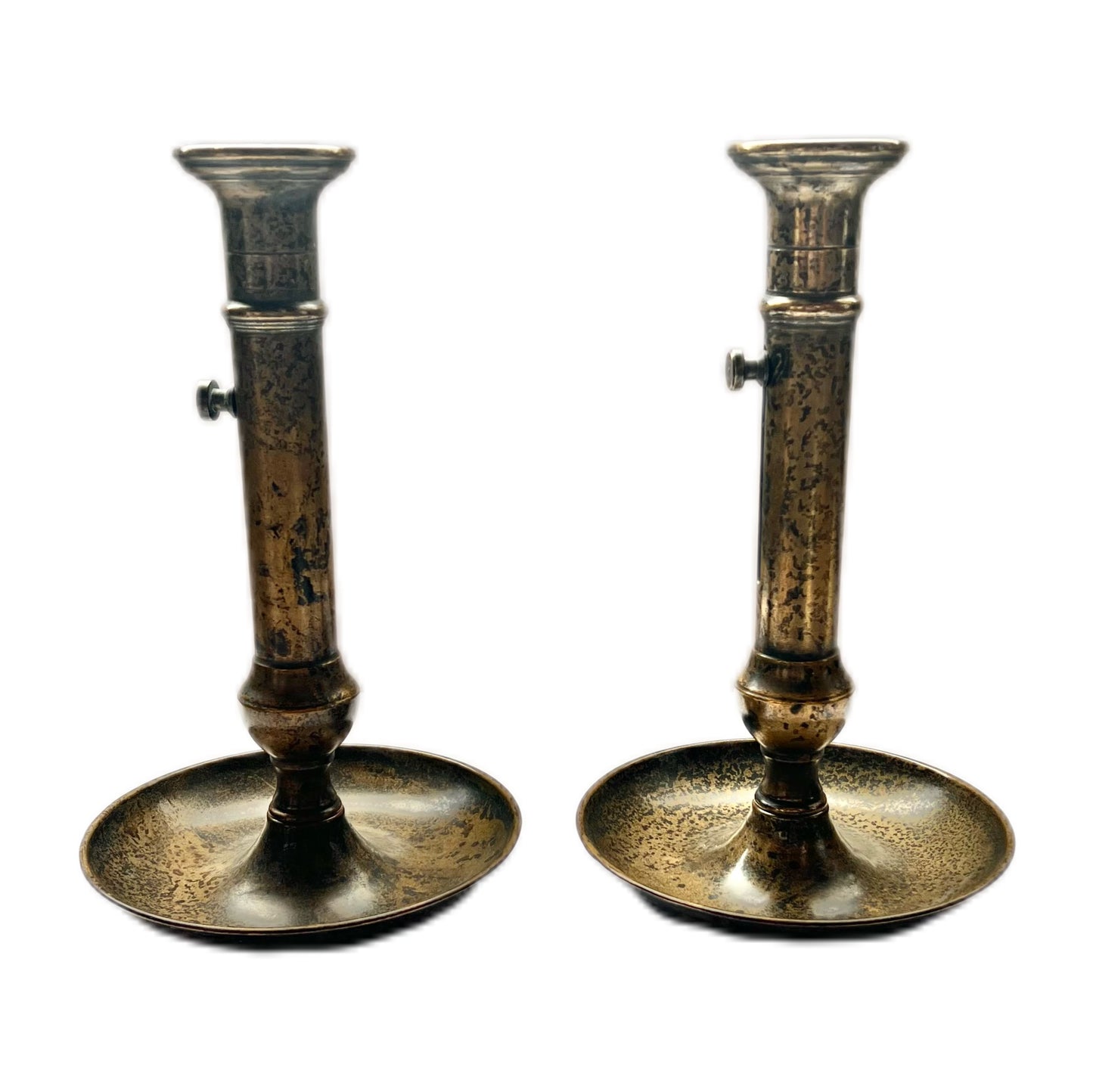 Pair of 19th century English brass and iron hogscraper candlesticks