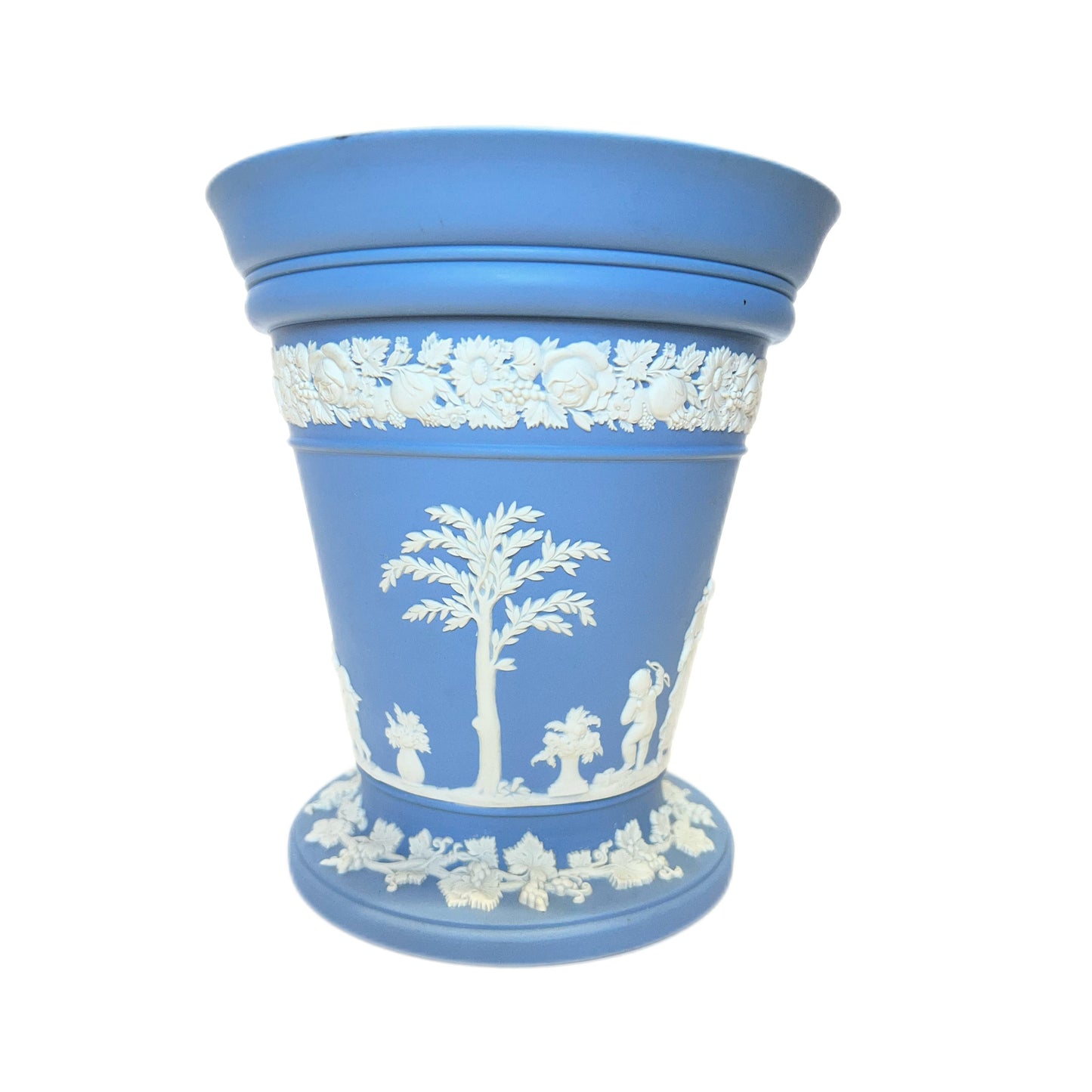 Large vintage blue Wedgwood vase with original flower frog