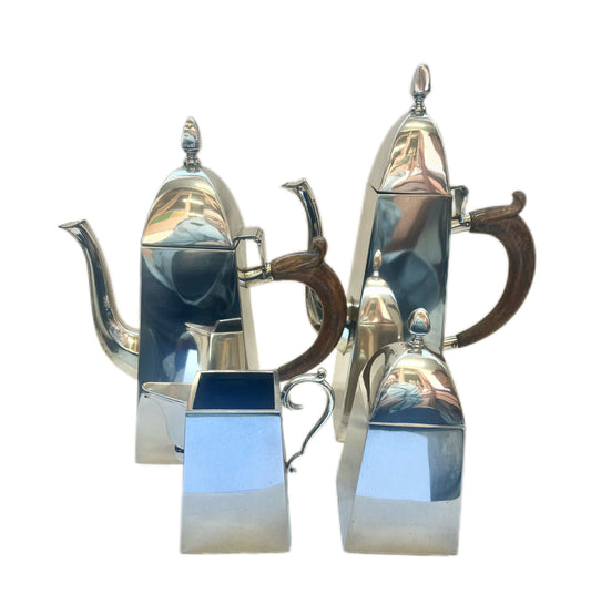 Vintage 20th century Italian Style Moderne figural .800 silver tea set with timber handles