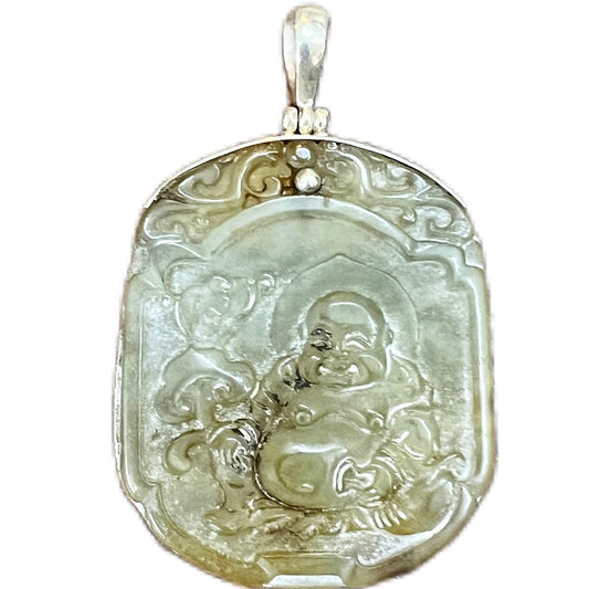 Vintage Chinese nephrite jade pendant carving of Hotei with sterling silver setting