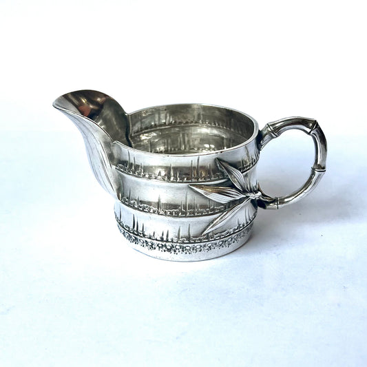 Superb and rare Japanese Meiji Period .950 silver creamer jug with bamboo motifs by Konoike