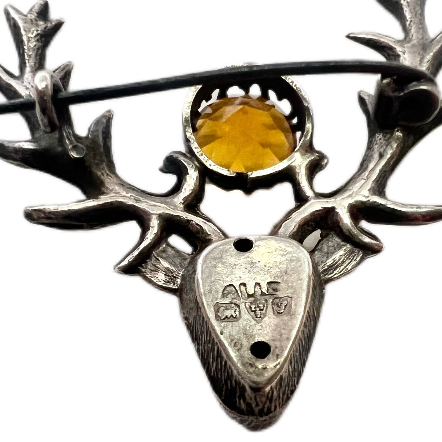 Antique English sterling silver and citrine stag brooch