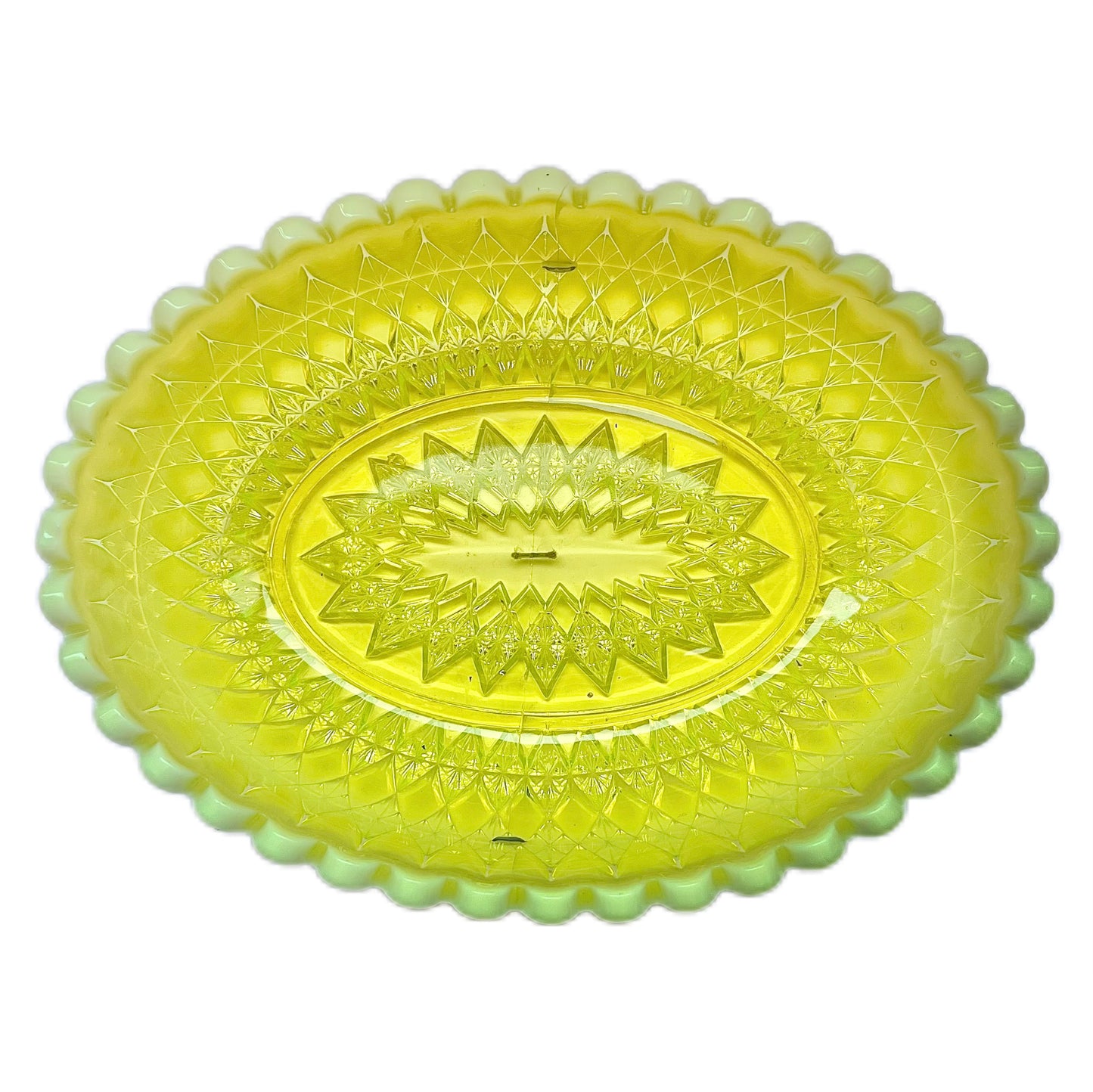 Late Victorian uranium yellow vaseline glass bowl of large size, circa 1890s to 1900s