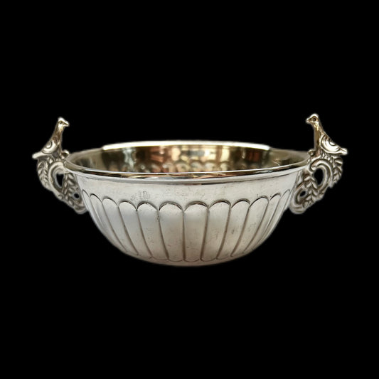 Midcentury Mexican sterling silver double peacock handled bowl by AOM for Tane Orfebres