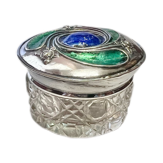 Edward VII sterling silver and cut glass British Art Nouveau rouge or pill box