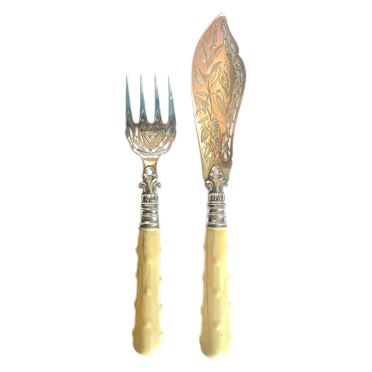 High Victorian sterling silver and ivory fish servers, Hilliard and Thomason